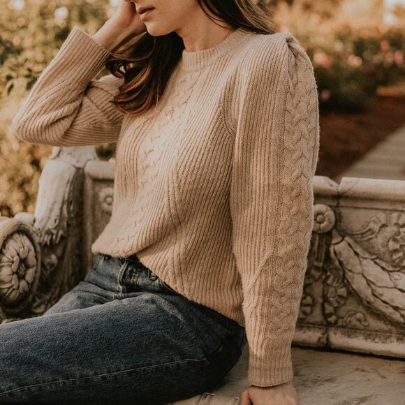 NADAAM Structured Shoulder Cable Knit Wool/Cashmere Sweater in Oatmeal - Picture 1 of 4